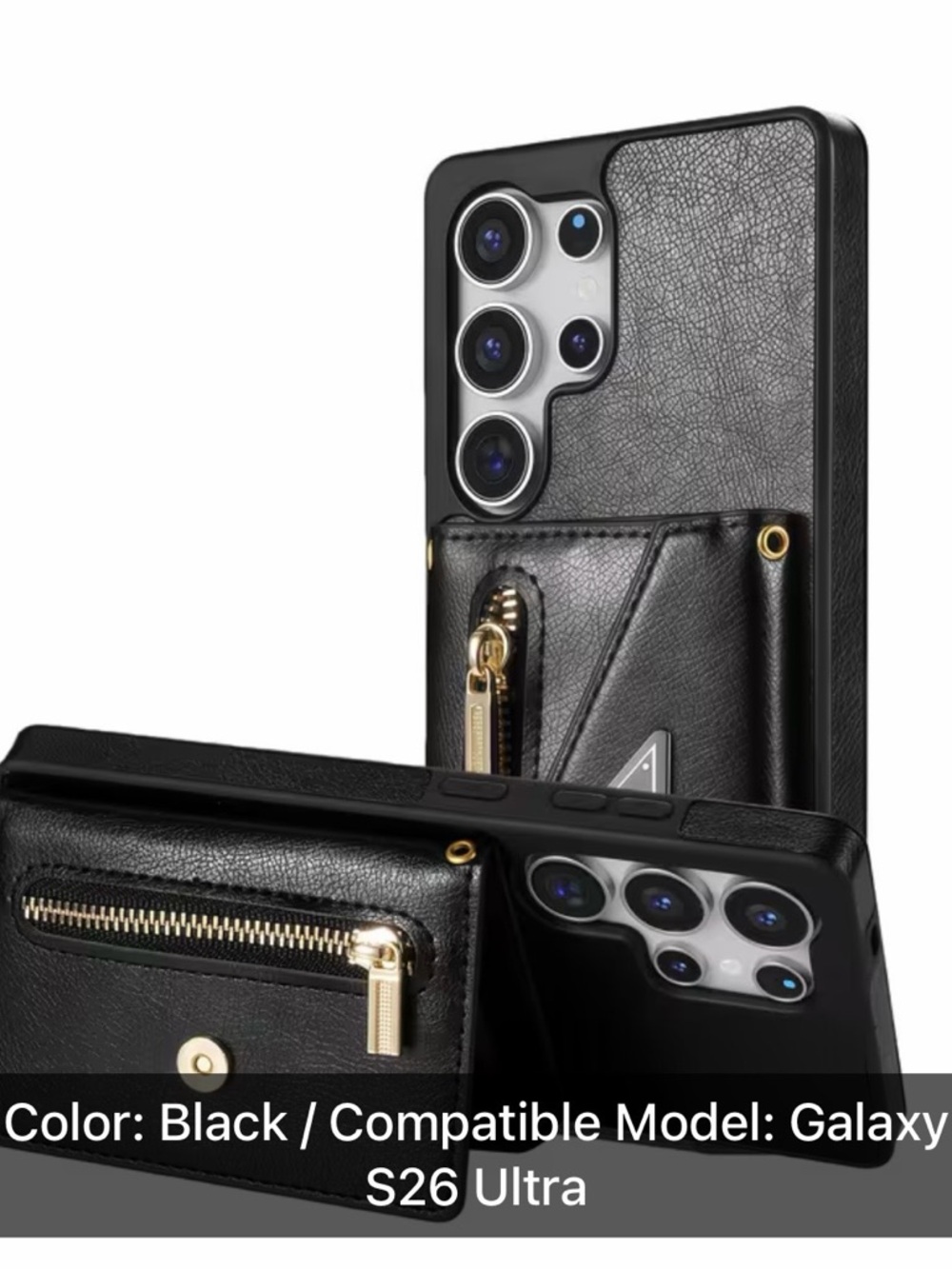 Black Leather Wallet Zipper Case for Galaxy S26 Ultra